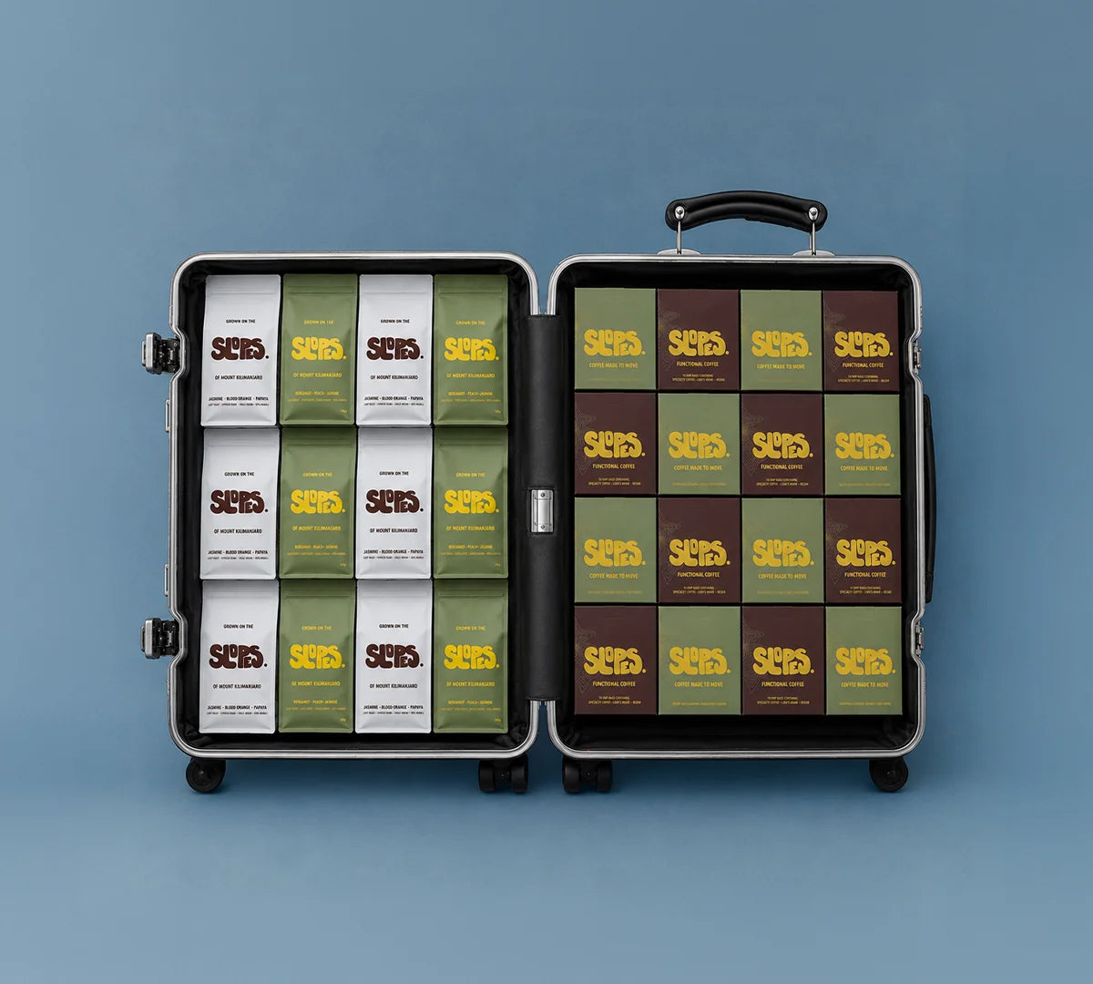 open travel suitcase with all products